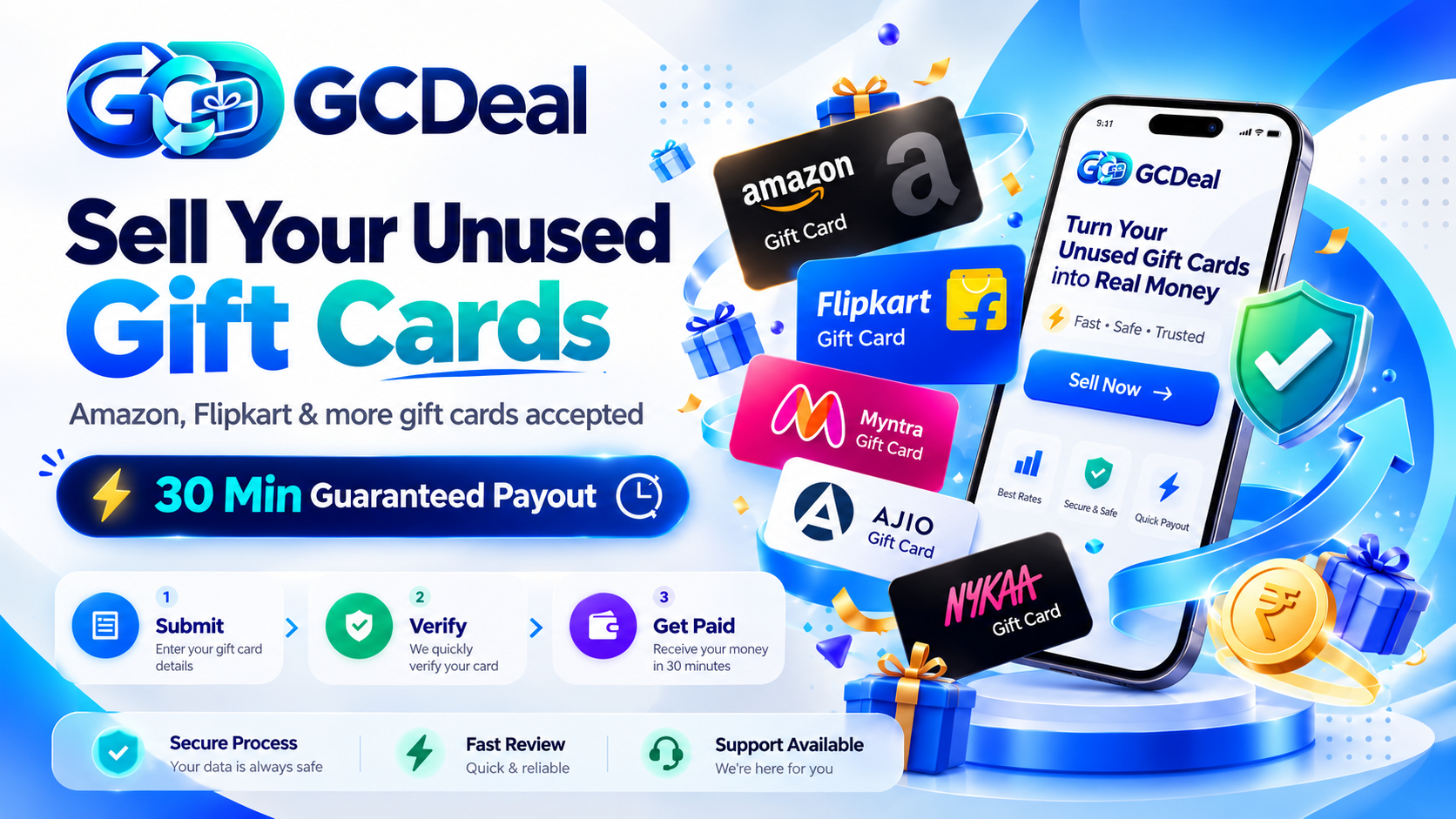 Sell Unused Amazon, Flipkart, Myntra, AJIO and Nykaa Gift Cards Online in India – GCDeal